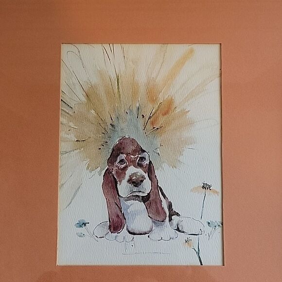 Bassett hound original watercolor by Carol Portrait size framed 11X14.5 - Picture 5 of 8